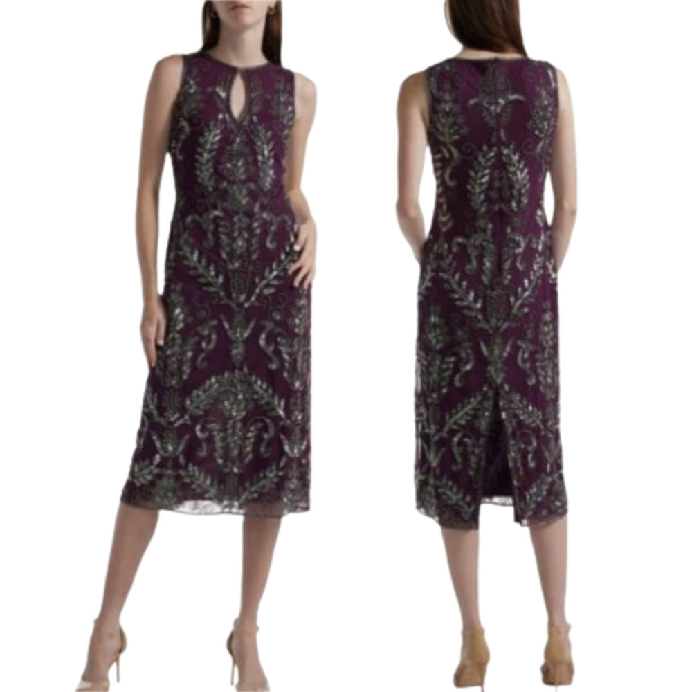 Pisarro Nights Purple Sleeveless Beaded Midi Dress NWT Size 6
